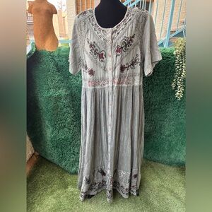 Vintage 2X Grey Embroidered Boho Rayon Maxi Dress